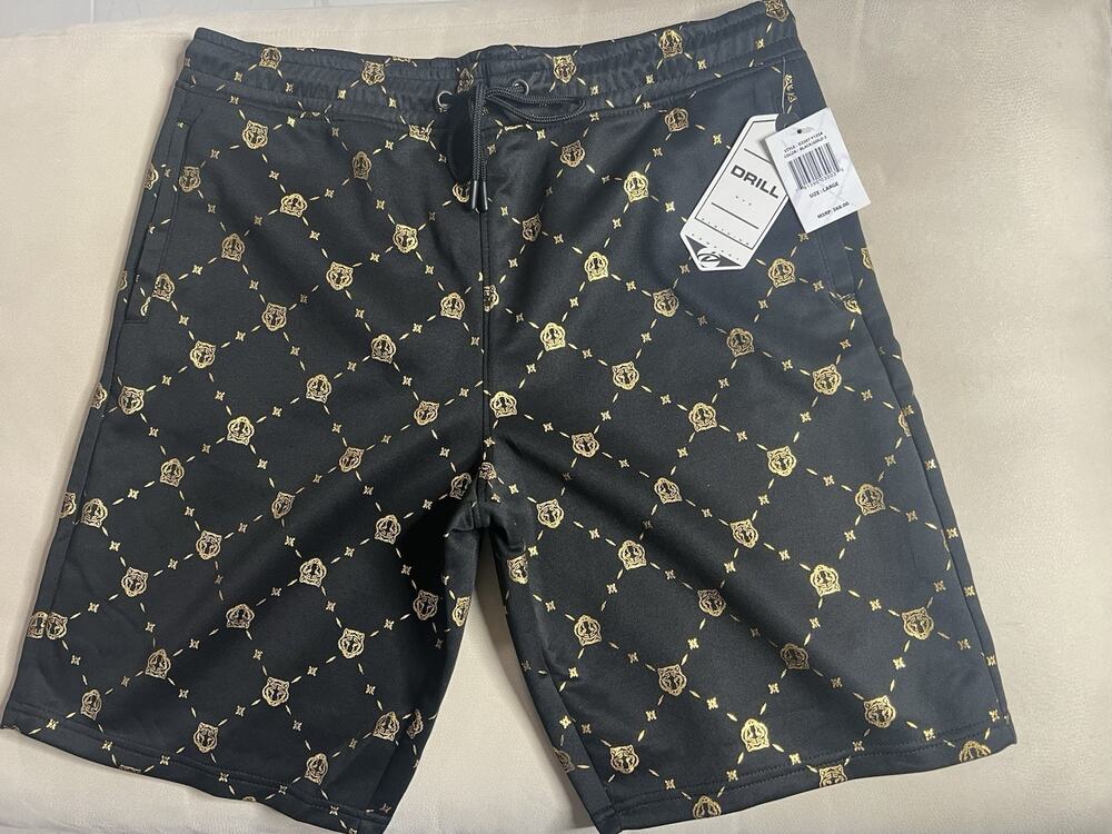 Large New Board Shorts Mens Shorts Black/Gold, Drill Clothing Company MSRP: $68
